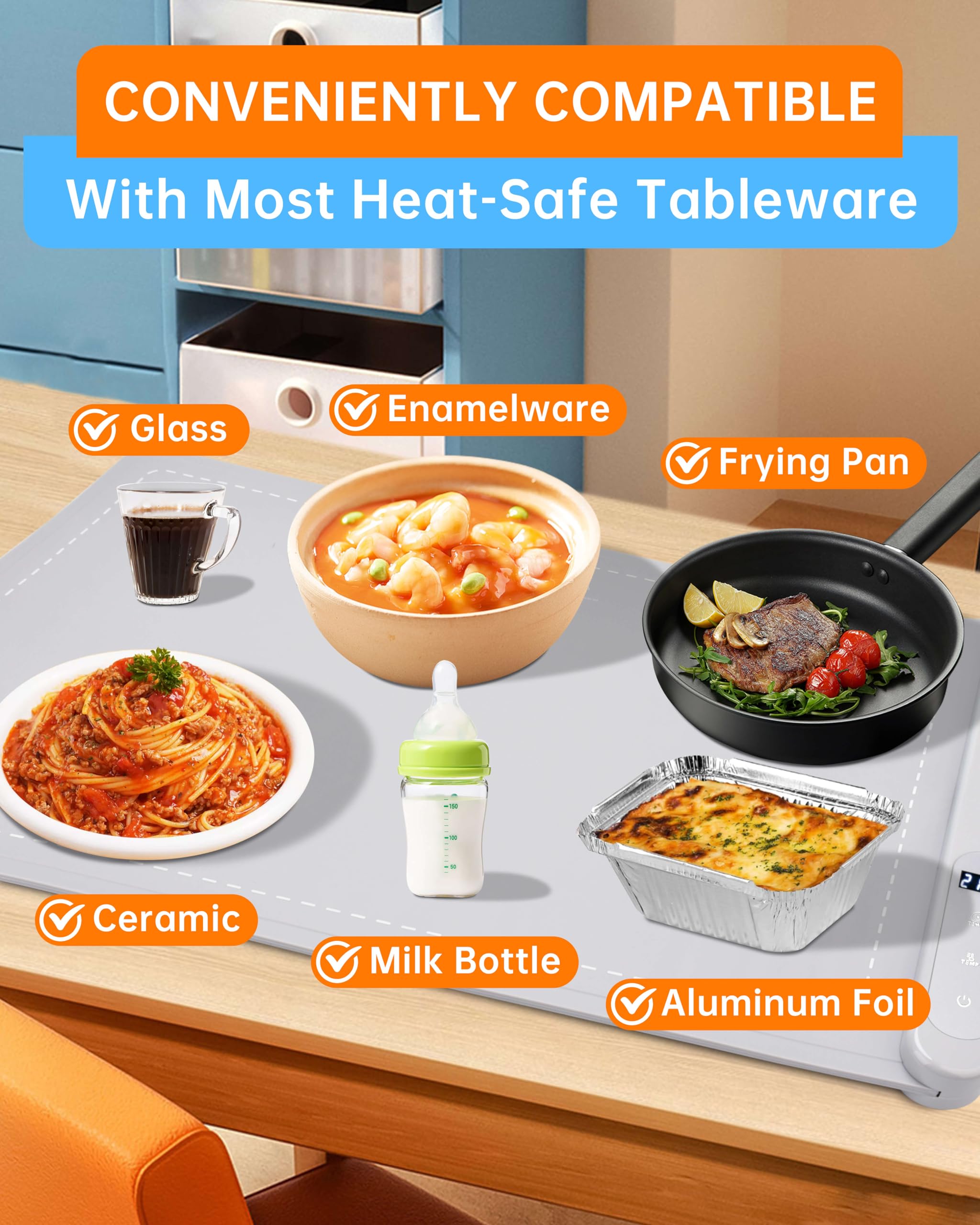 Electric Warming Tray, Food Warming Mat - Graphene Full Surface Heating Silicone Heating Tray, 6 Temperature Settings, Auto Shut-Off, Rollable & Portable Food Warmer for Buffets Party, Everyday Use