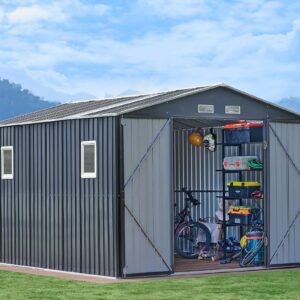 VanAcc 10x12x7.5 FT Outdoor Storage Shed, Metal shed with 2 Clear Panels Hinged Double Doors 4 Vents, Outdoor Shed for Backyard, Garden, Patio, Dark Grey/White