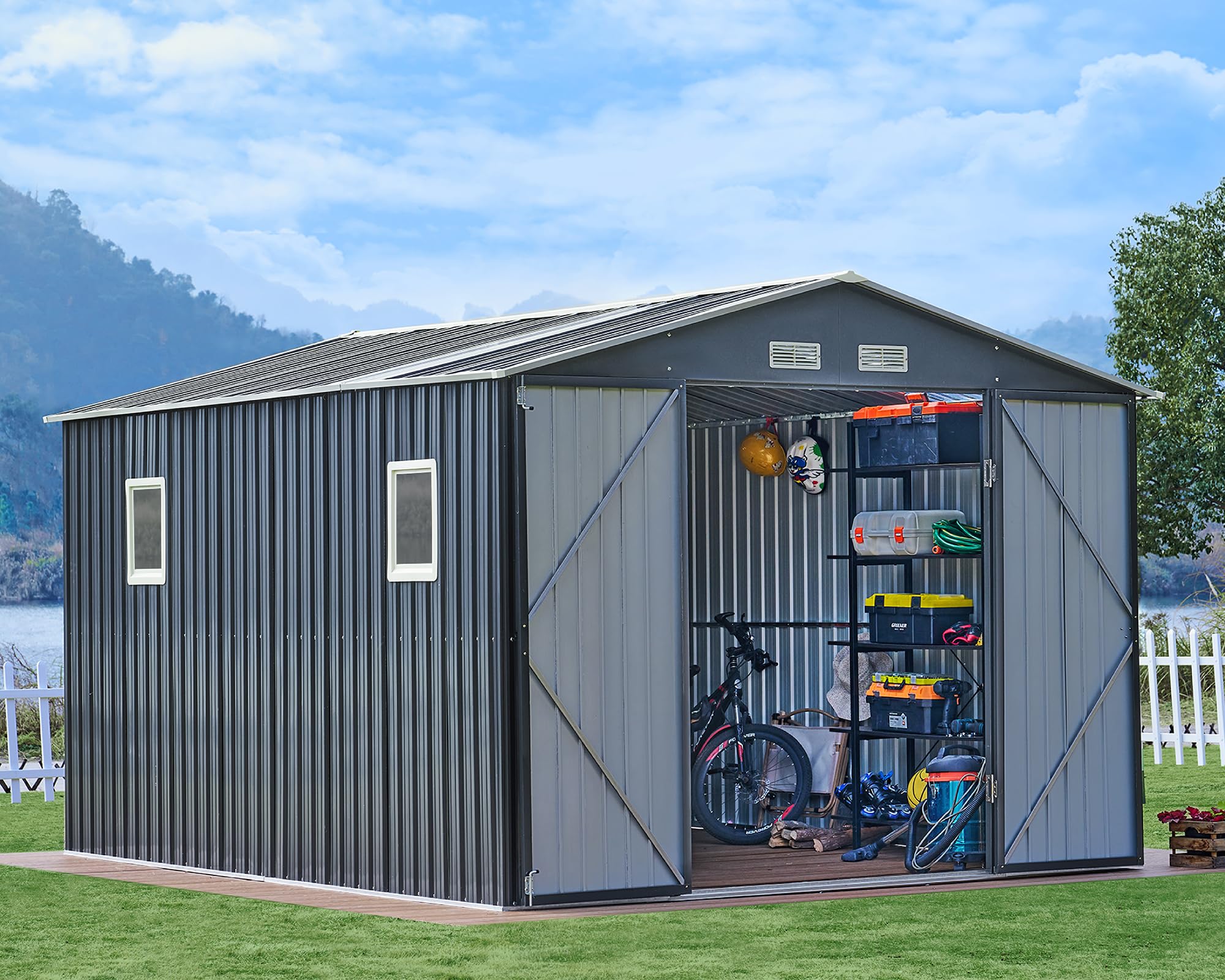 VanAcc 10x12x7.5 FT Outdoor Storage Shed, Metal shed with 2 Clear Panels Hinged Double Doors 4 Vents, Outdoor Shed for Backyard, Garden, Patio, Dark Grey/White