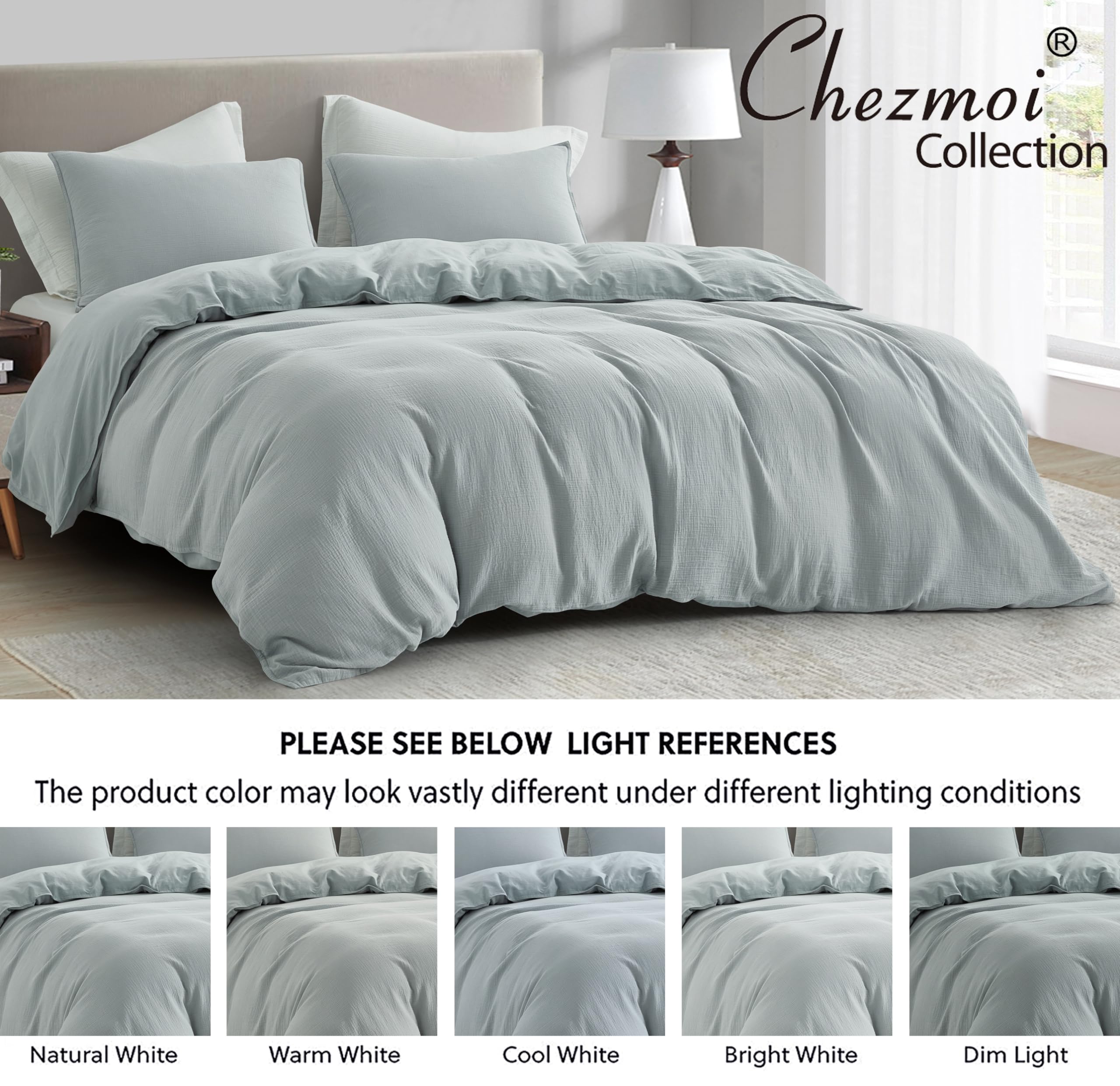 Chezmoi Collection Breeze 3-Piece Cotton Gauze King Duvet Cover Set, Light Blue-Gray Soft Washed Cotton Linen Like Textured Breathable Comforter Cover with Button Closure