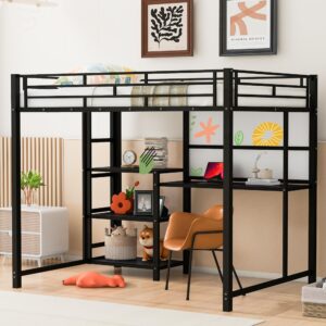 full size loft bed with desk and storage shelves, metal loft bed full size with whiteboard and 3-tier shelves, full size loft bed for kids, teens (black full)