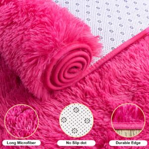 Hot Pink Shaggy Rugs Fluffy Carpets, Indoor Modern Plush Area Rugs for Living Room, Upgrade Anti-Skid Area Rug, Rectangular 4x6 Feet Fuzzy Rug for Nursery Home Decor