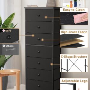 Tall Fabric Dresser for Bedroom, Vertical Storage Organizer Tower with 7 Drawers, Chest of Drawers with Bins, Steel Frame, Wood Top for Bedroom, Closet, Entryway Black