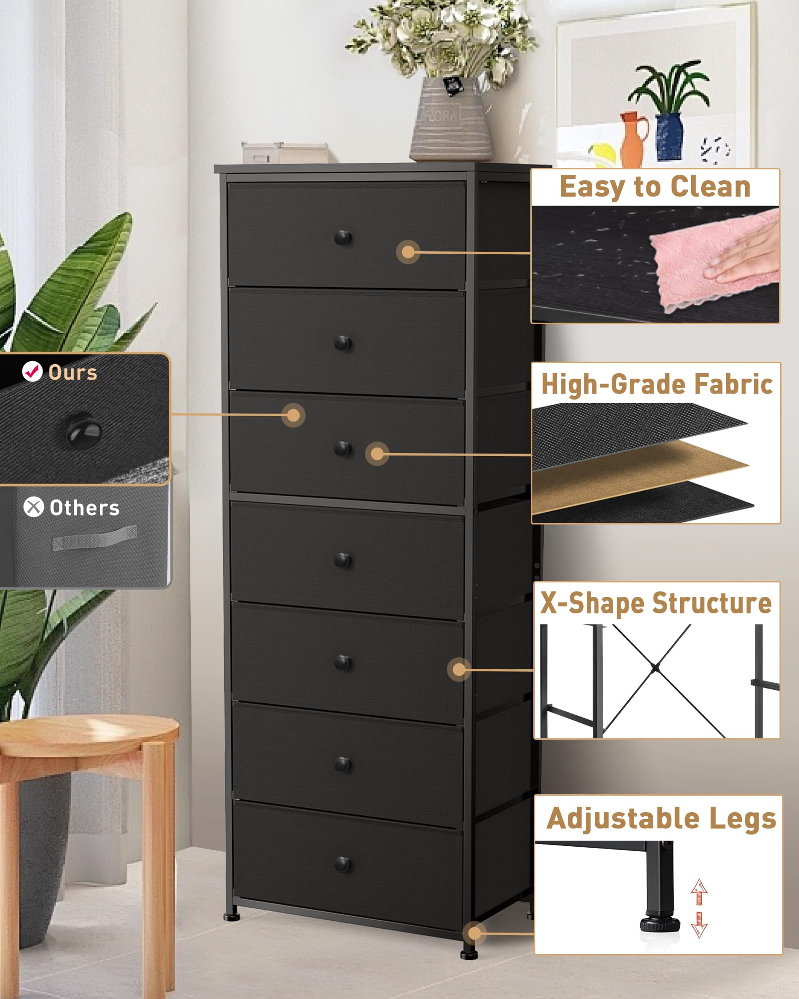 Tall Fabric Dresser for Bedroom, Vertical Storage Organizer Tower with 7 Drawers, Chest of Drawers with Bins, Steel Frame, Wood Top for Bedroom, Closet, Entryway Black