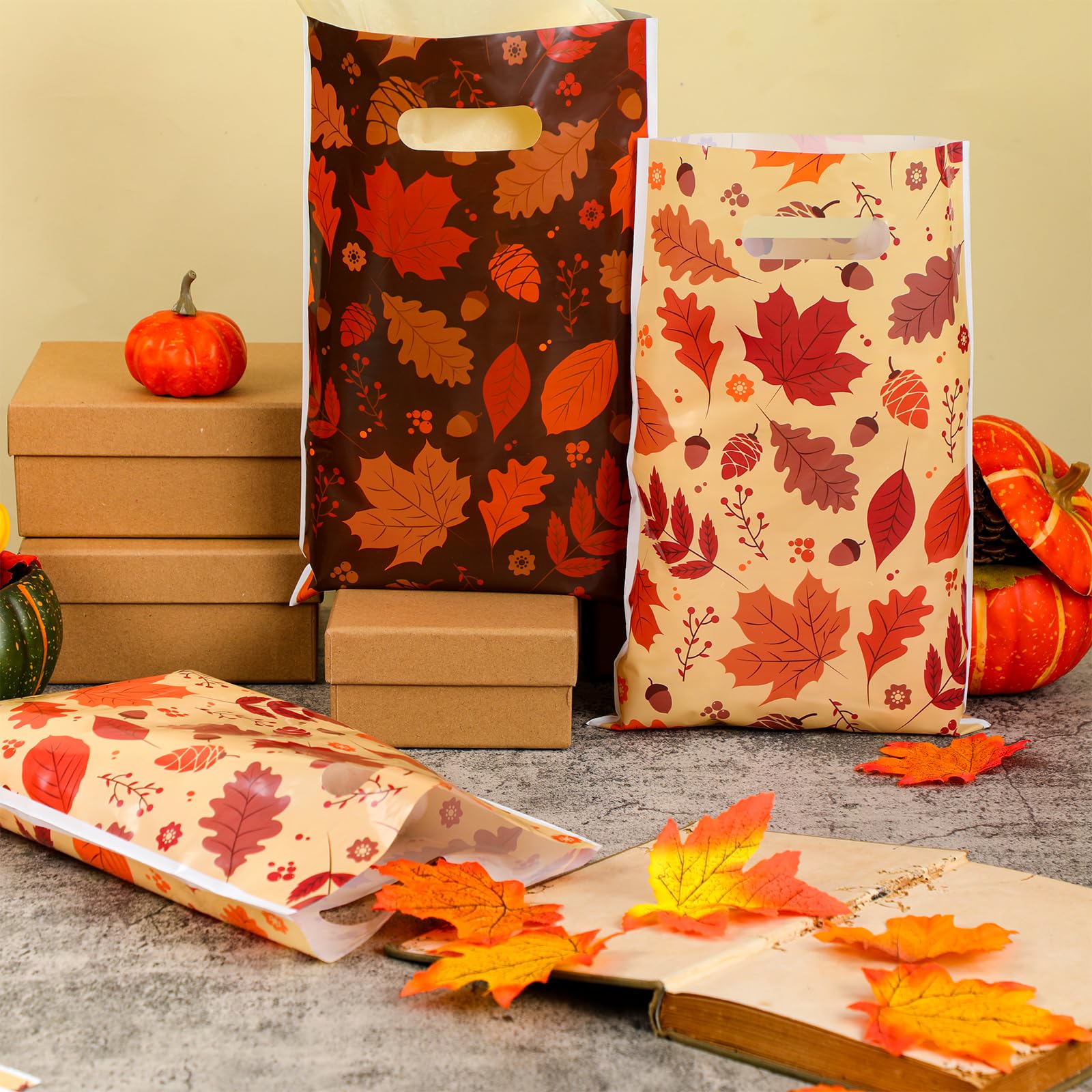 ReliThick 150 Pcs Fall Party Favor Bags Bulk Maple Leaves Goody Bags Autumn Treat Bags with Handles for Fall Thanksgiving Theme Party Favor Supplies