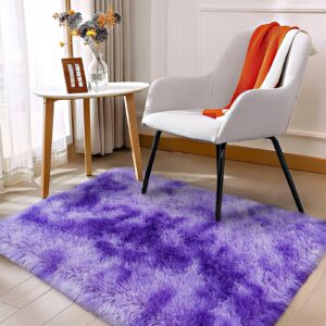 Fluffy Rug for Living Room,Furry Carpet for Teen,Shaggy Rug for Nursery Room, Tie-Dyed Purple Fuzzy Plush Rug for Dorm, Rectangle Shag Rug 2x3 Feet