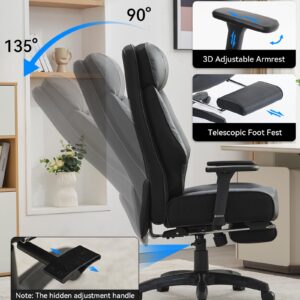 DJ·Wang Big and Tall Office Chair 400lbs, Executive Office Chair with Foot Rest, High Back Office Chair with Back Support, Oversized Office Chair for Heavy People, Leather Office Chair Black