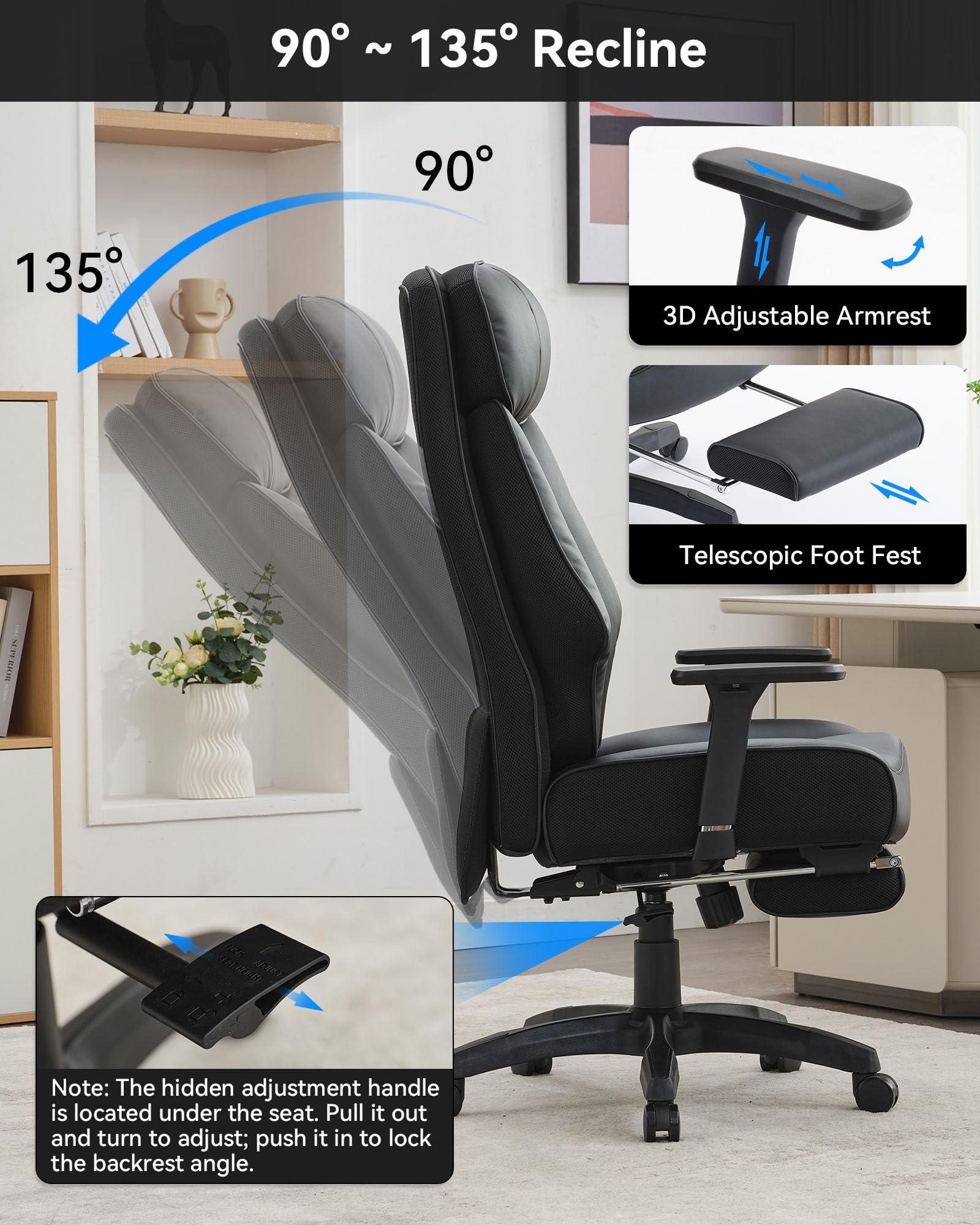 DJ·Wang Big and Tall Office Chair 400lbs, Executive Office Chair with Foot Rest, High Back Office Chair with Back Support, Oversized Office Chair for Heavy People, Leather Office Chair Black