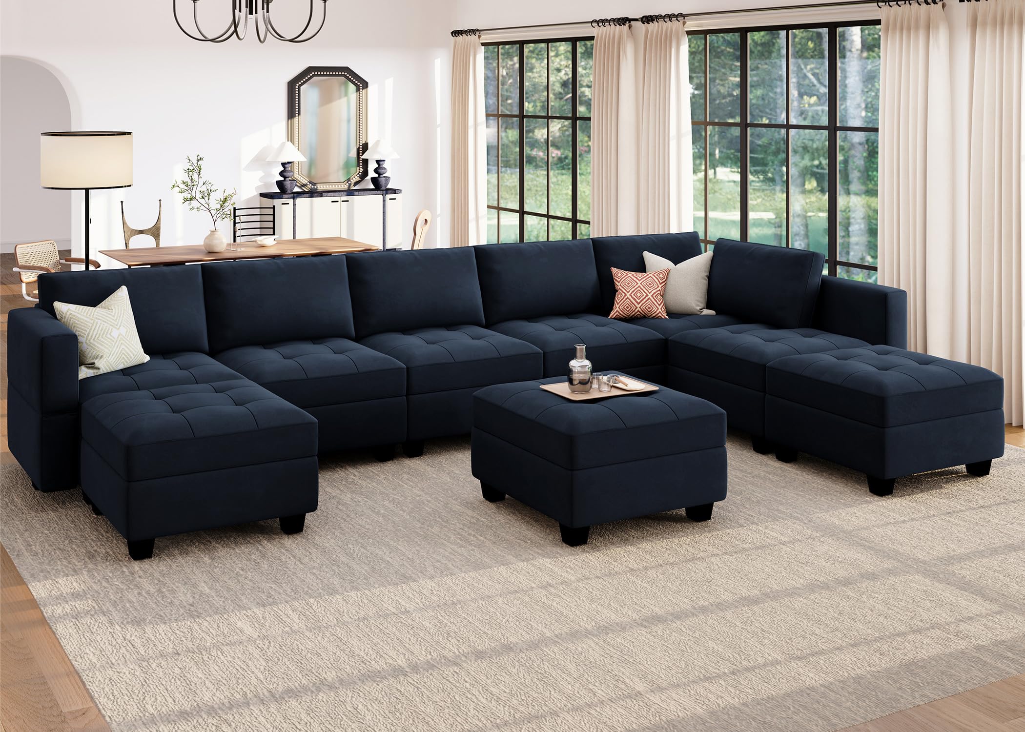 HONBAY U Shaped Modular Sectional Couch with Storage Velvet Sectional Couches for Living Room Blue