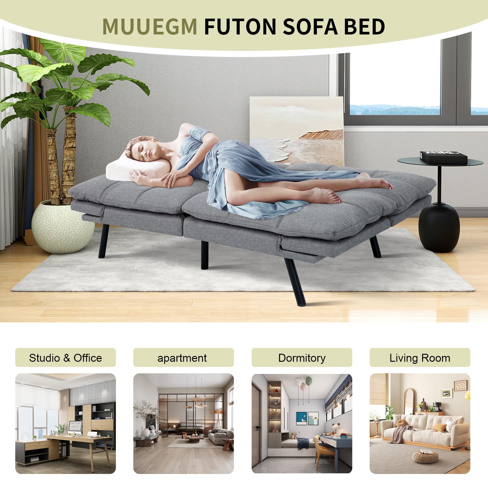 MUUEGM Futon Sofa Bed,Futon Bed,Memory Foam Futon Sofa,Convertible Sofa Bed for Compact Living Spaces,Apartment,Studio,Office,Futon Sofa,71"*33"*31.5",Light Gray Fabric