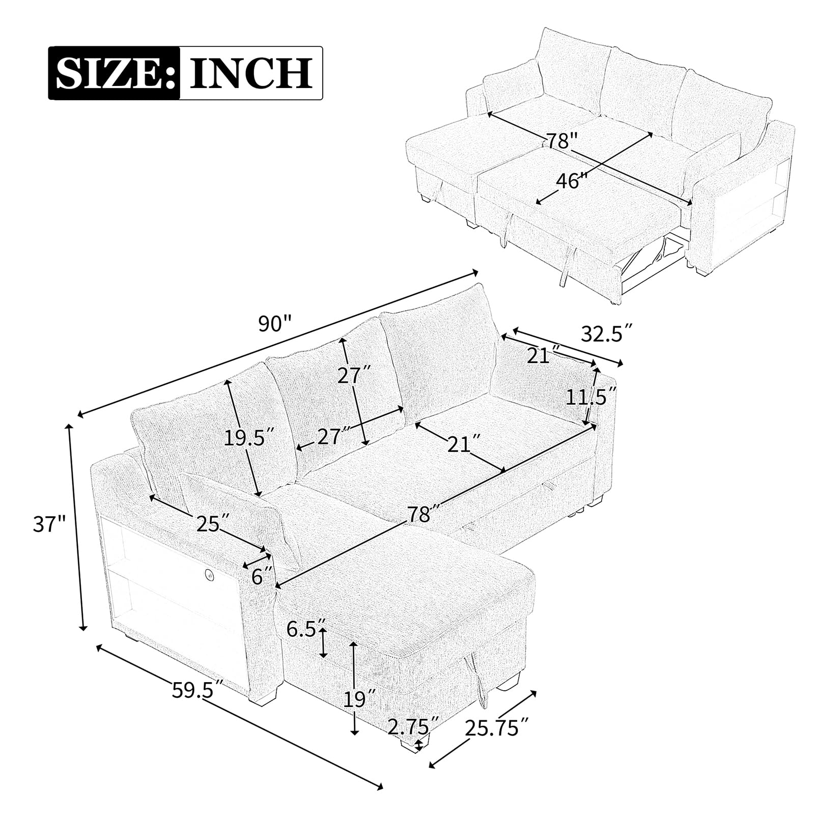 90" Pull Out Sleeper Sofa L-Shaped Couch, Sectional Sofa Bed with Storage Chaise, Storage Racks and USB Ports for Living Room, Apartment, Office, Light Brown