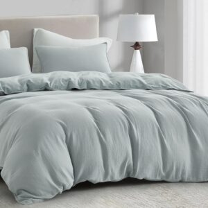 Chezmoi Collection Breeze 3-Piece Cotton Gauze King Duvet Cover Set, Light Blue-Gray Soft Washed Cotton Linen Like Textured Breathable Comforter Cover with Button Closure