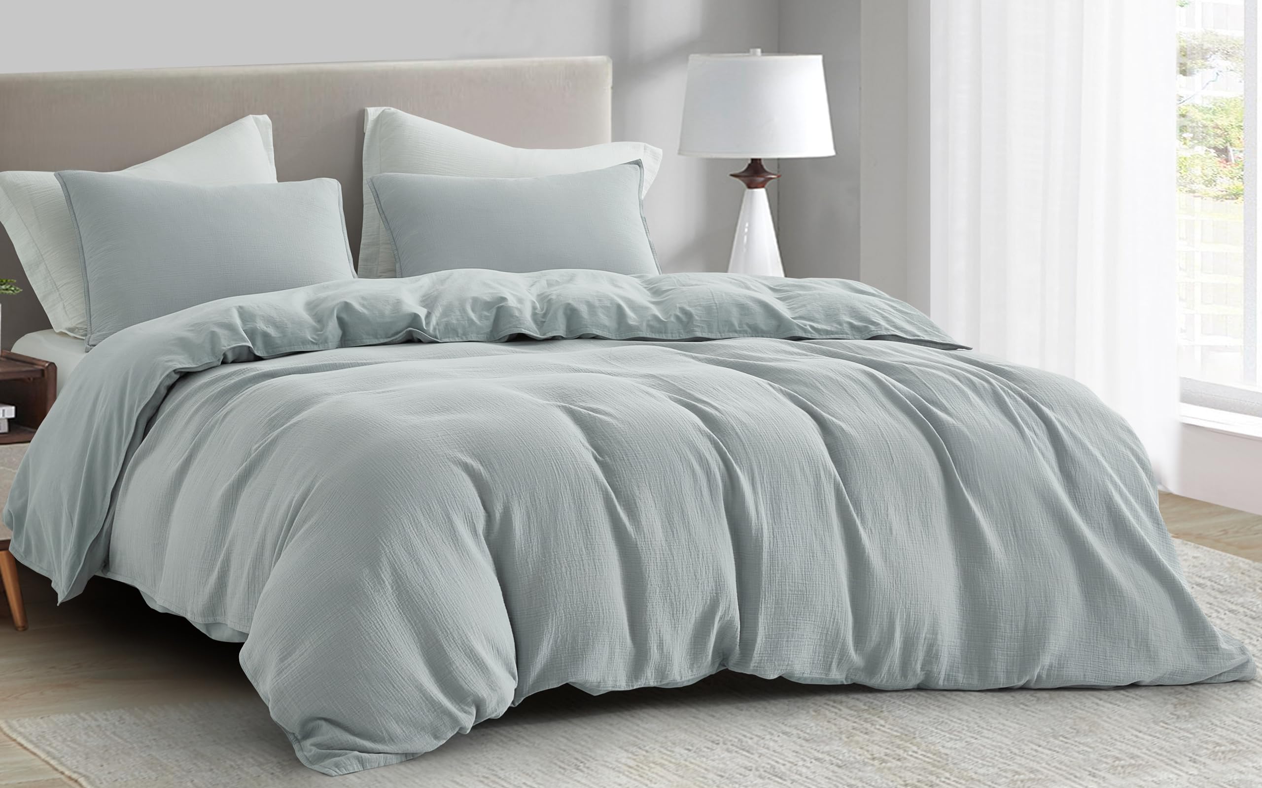 Chezmoi Collection Breeze 3-Piece Cotton Gauze King Duvet Cover Set, Light Blue-Gray Soft Washed Cotton Linen Like Textured Breathable Comforter Cover with Button Closure