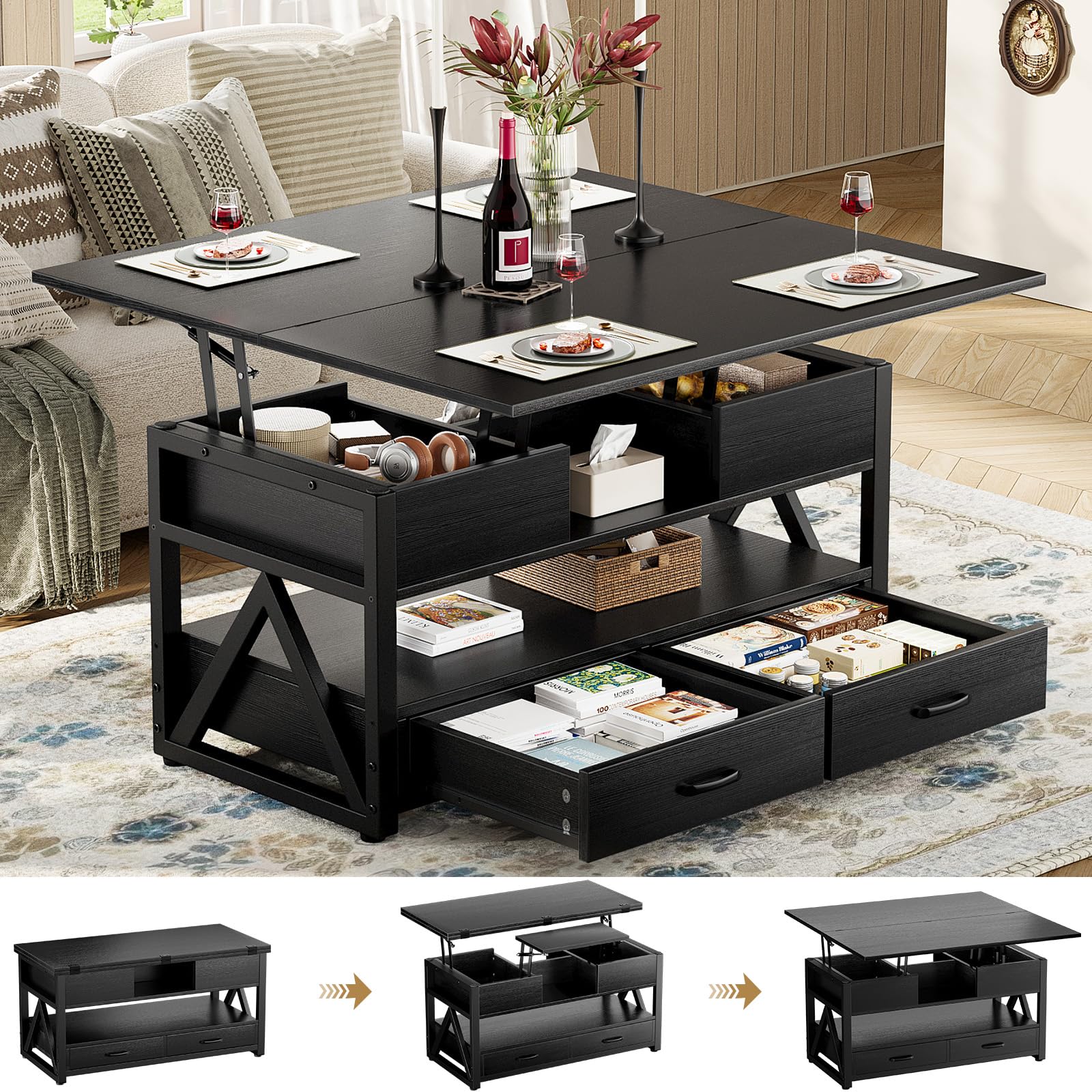 Memobarco 40" Lift Top Coffee Table,4 in 1 Multi-Function Lift Coffee Tables with Storage Drawers and Hidden Compartmen,Farmhouse Coffee Table with Lifting top for Living Room,Black