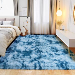 Tie-Dyed Blue Shaggy Rugs Fluffy Carpets, Indoor Modern Plush Area Rugs for Living Room, Upgrade Anti-Skid Area Rug, Rectangular 4x6 Feet Fuzzy Rug for Nursery Home Decor