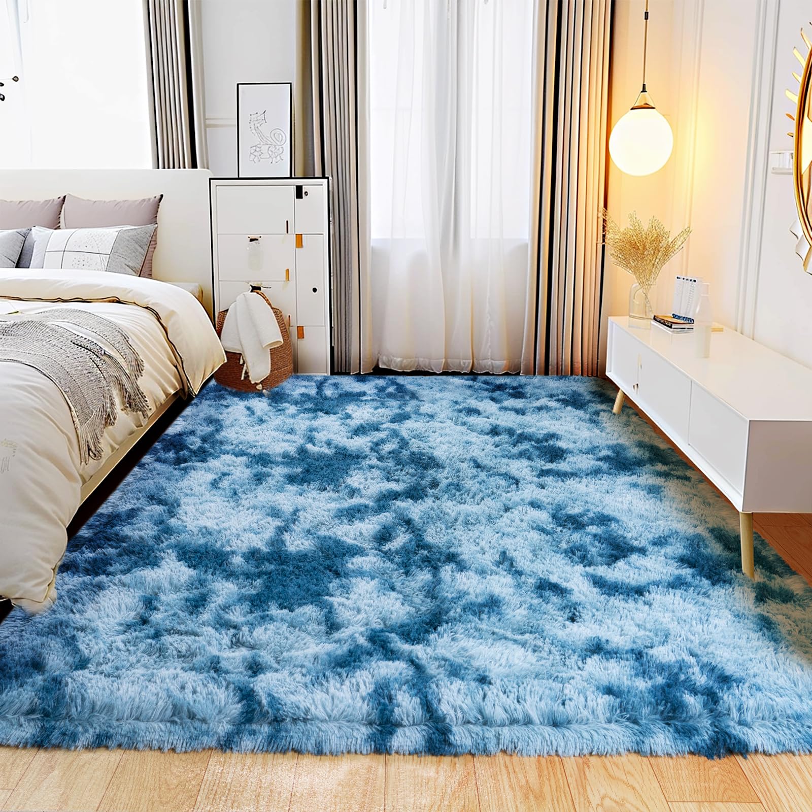 Tie-Dyed Blue Shaggy Rugs Fluffy Carpets, Indoor Modern Plush Area Rugs for Living Room, Upgrade Anti-Skid Area Rug, Rectangular 4x6 Feet Fuzzy Rug for Nursery Home Decor