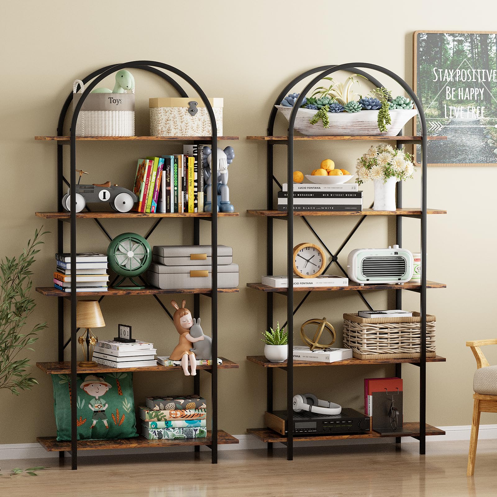 Arbuxzuy Arched Bookshelf 5 Tier Book Shelf, 31.5 Inch Width Industrial Arch Bookcase, Curved Tall Bookshelf with Open Shelves for Home Office, Living Room, Bedroom, Rustic Brown