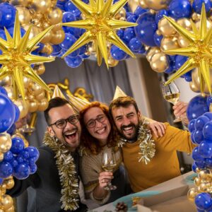 176 Pack Royal Blue Gold Balloons Garland Arch Kit with 3pcs 27 Inch Big Foil Starburst Balloons,Blue and Gold Confetti Balloons for Birthday Graduation New Year Decoration