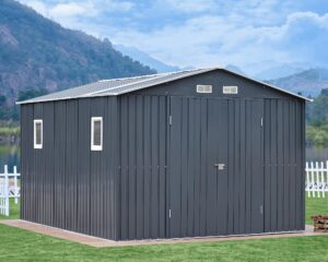 vanacc 10x12x7.5 ft outdoor storage shed, metal shed with 2 clear panels hinged double doors 4 vents, outdoor shed for backyard, garden, patio, dark grey/white