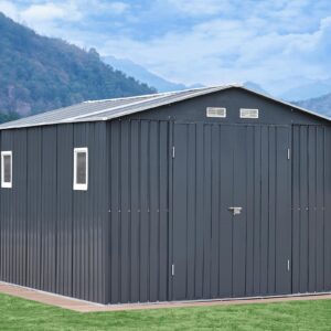 VanAcc 10x12x7.5 FT Outdoor Storage Shed, Metal shed with 2 Clear Panels Hinged Double Doors 4 Vents, Outdoor Shed for Backyard, Garden, Patio, Dark Grey/White