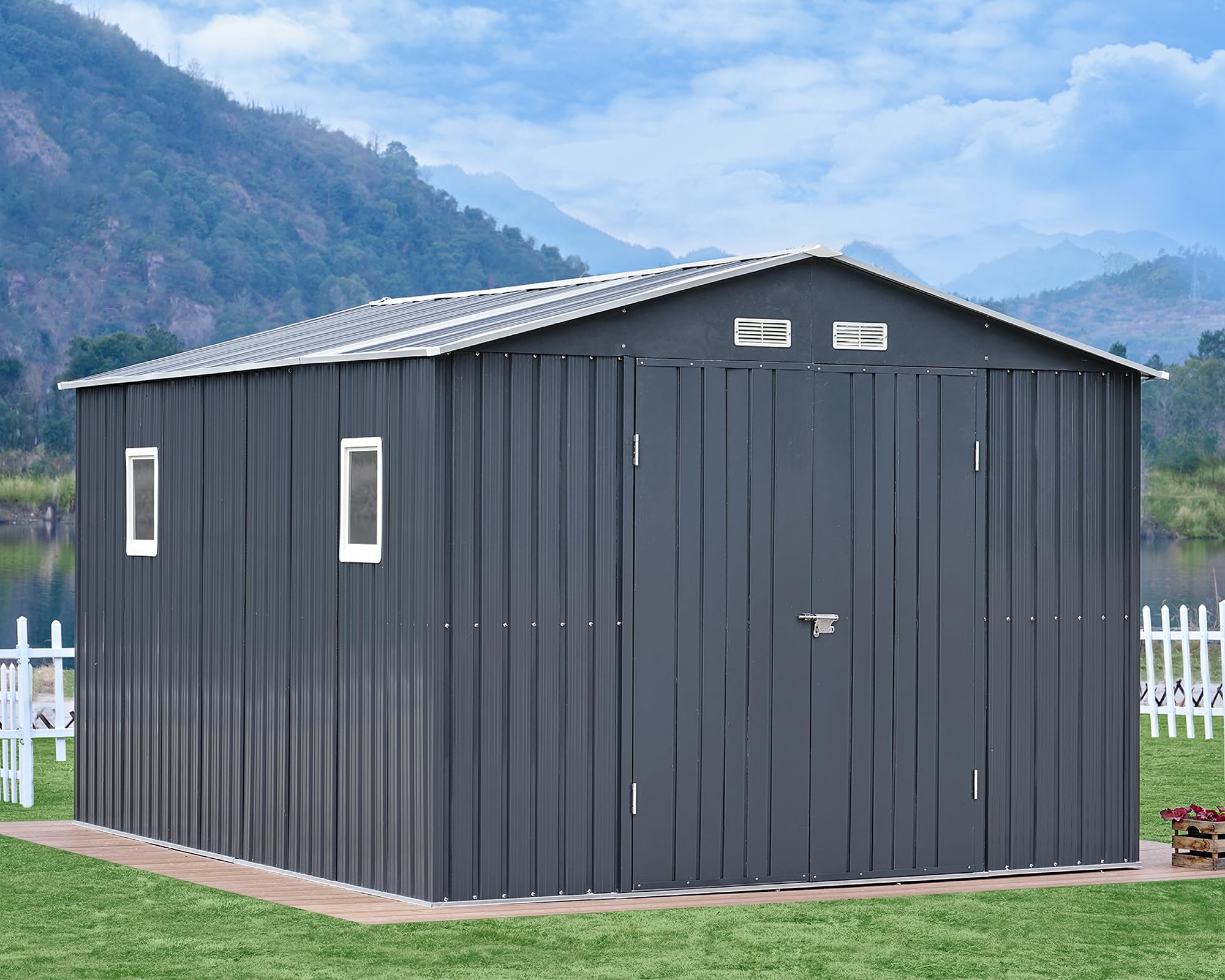 VanAcc 10x12x7.5 FT Outdoor Storage Shed, Metal shed with 2 Clear Panels Hinged Double Doors 4 Vents, Outdoor Shed for Backyard, Garden, Patio, Dark Grey/White