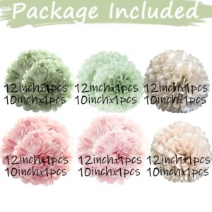 Tissue Paper Pom Poms Kit -Rose Pink and Sage Green Paper Flowers 12pieces for Gender Baby Shower Wedding Bridal Bachelorette Birthday Party Decorations (Green + Pink)