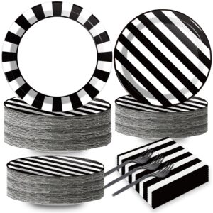 black and white party tableware set striped disposable dinnerware black and white theme party decorations happy birthday paper plates napkins forks for graduation wedding party supplies 50 guests