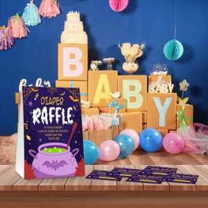 Halloween Diaper Raffle Games Sign, Halloween Baby Shower Party Game Set, Gender Reveal Party Favor Supplies Decor-1 Double Sided Standing Sign + 50 Guessing Cards (01)