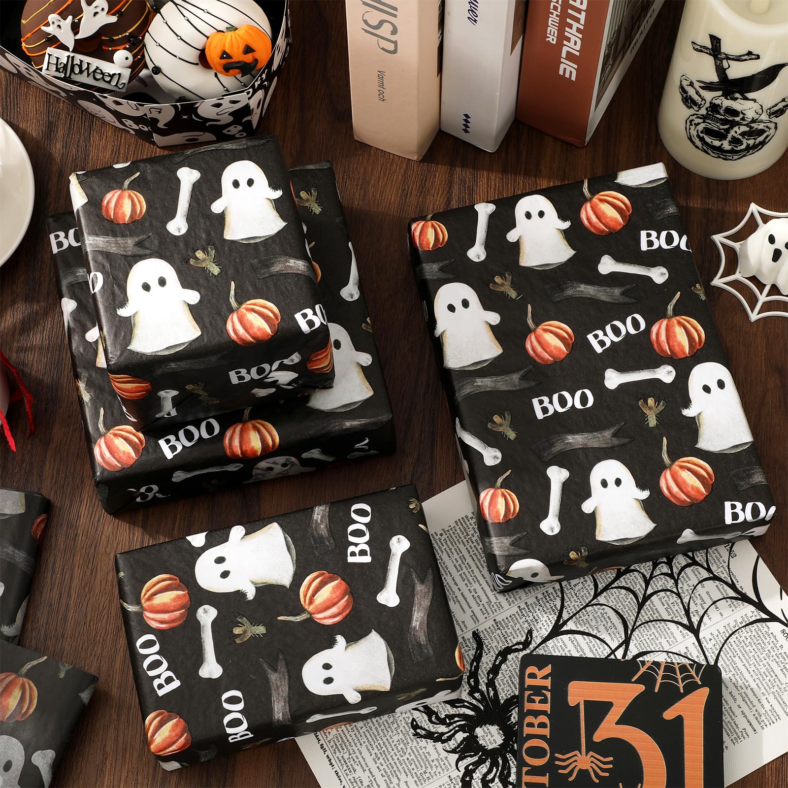 JarThenaAMCS 100 Sheet Halloween Tissue Paper Ghost Pumpkin Boo Wrapping Paper Cute Spooky Art Tissue for Birthday Trick or Treat DIY Crafts, 14 x 20 Inch