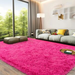 Shaggy 8x10 Area Rugs, Hot Pink Rug-Fuzzy Rugs for Kids Bedroom, Soft Play Nursery Area Rug for Girls, Shag Area Rugs Non Slip, Fluffy Faux Fur Rug Carpet