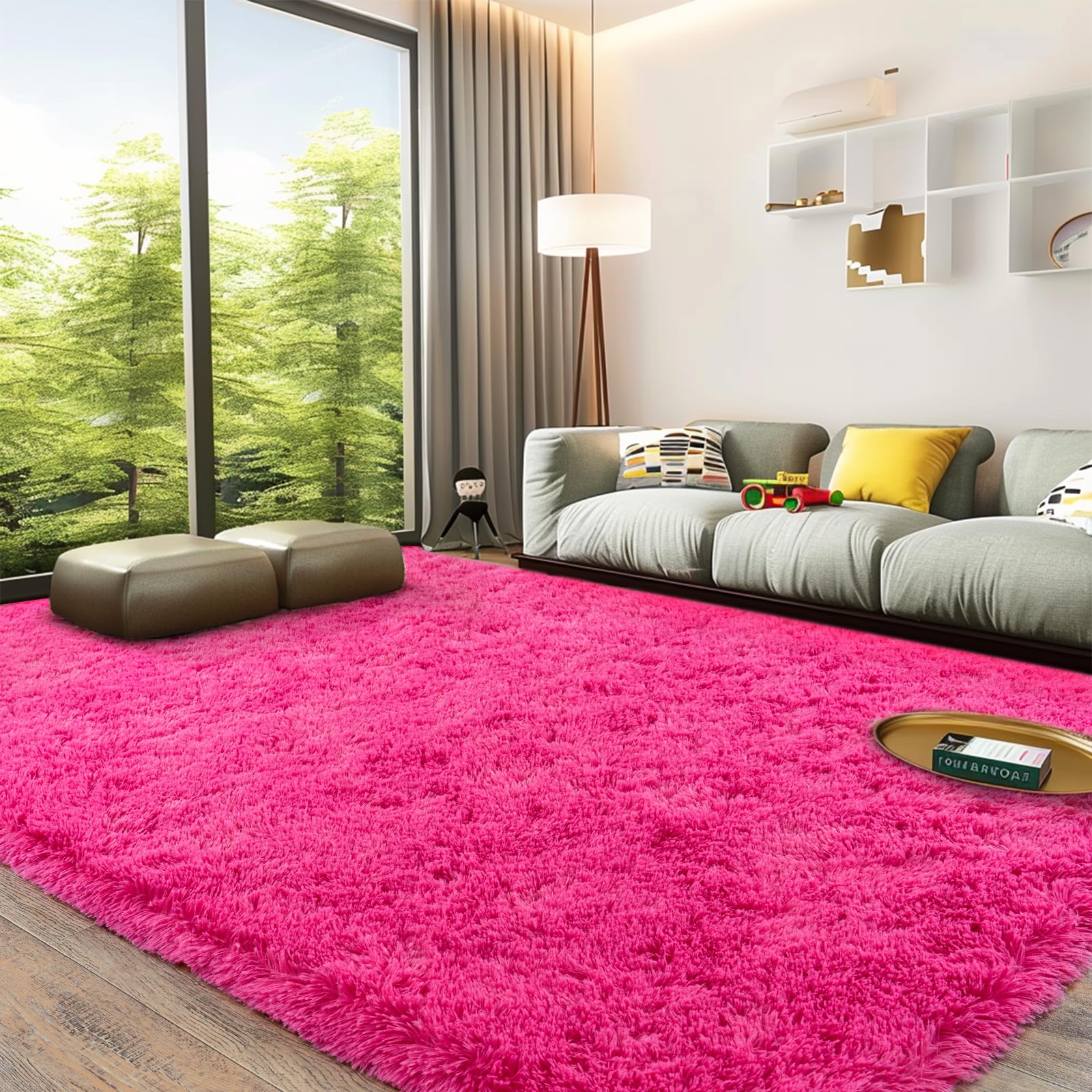 Hot Pink Shaggy Rugs Fluffy Carpets, Indoor Modern Plush Area Rugs for Living Room, Upgrade Anti-Skid Area Rug, Rectangular 4x6 Feet Fuzzy Rug for Nursery Home Decor