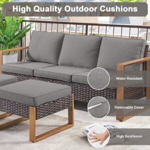 Belord 5 Piece Outdoor Wicker Patio Conversation Furniture Set Deep Seating, Metal Wide Armrests Patio Sofa Set with Rattan Chairs Ottomans for Porch Deck Sunroom Backyard