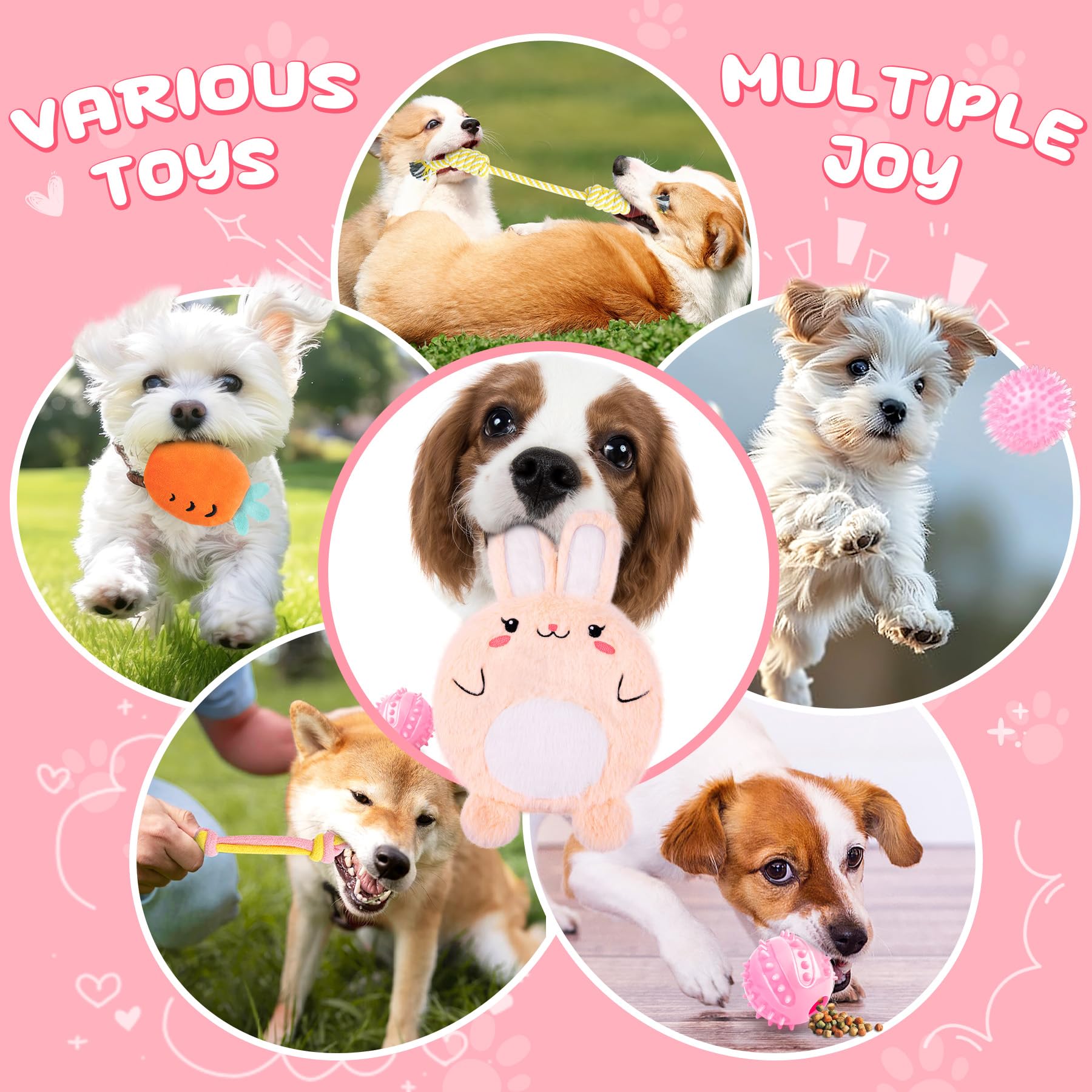 XIUGOAL Pink Puppy Toys - 9 Pack Puppy Chew Toys for Teething, Interactive Dog Toys for Puppies, Small Dog Toys with Squeaky Toys, Treat Ball and Ropes