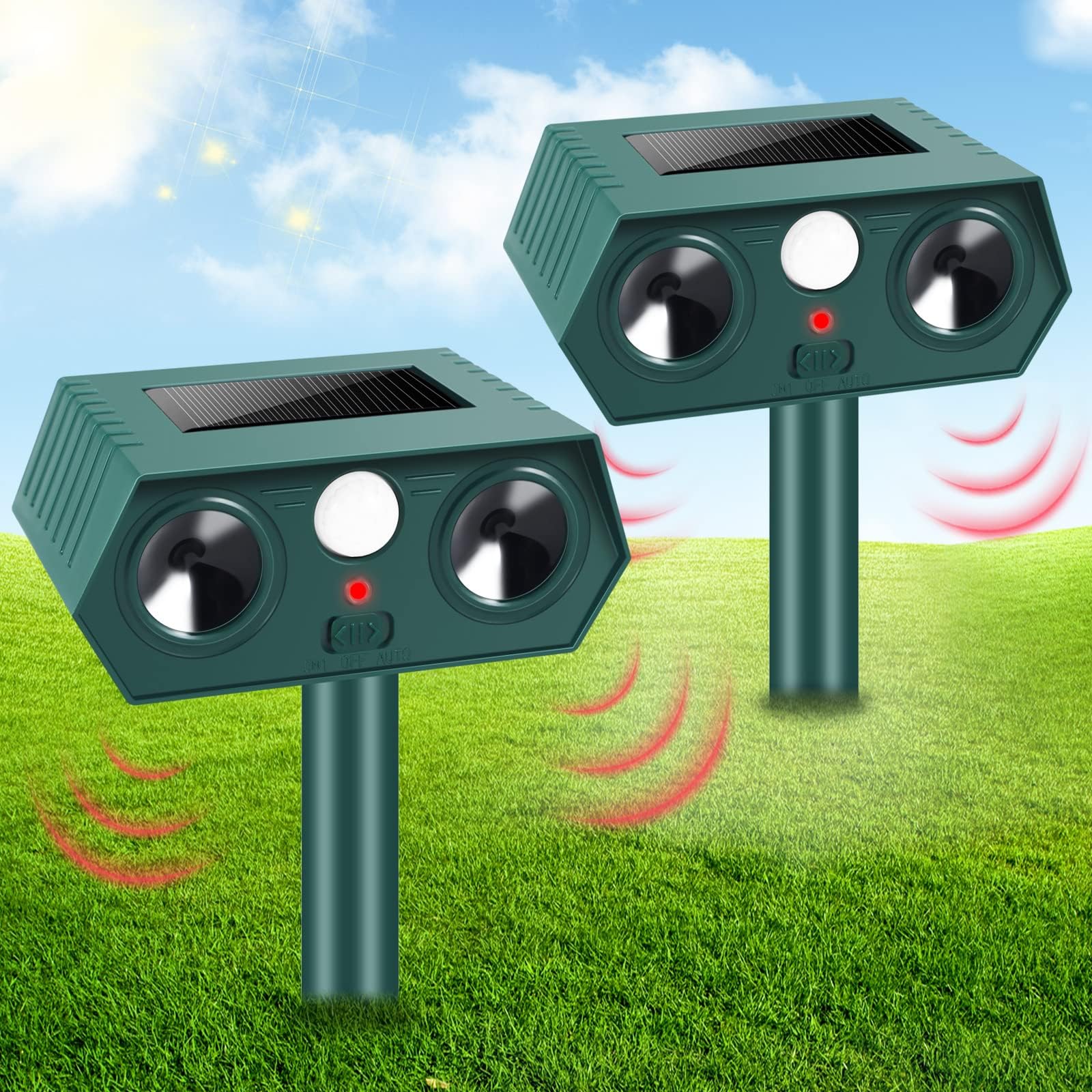 2 Pack Solar Ultrasonic Animal Repellent 2024 Outdoor Cat Deterrent with Motion Sensor for Cat Deer Rabbit Squirrel Skunk Dog, Waterproof Deer Repellent Devices Skunk Repellent for Yard Lawn Garden