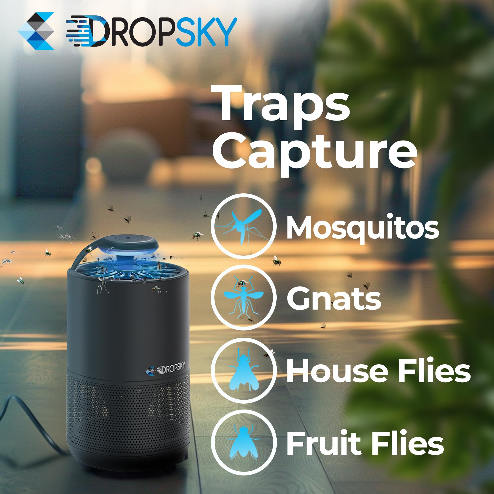 Dropsky Kit Indoor Flying Insect Trap - Plug-in Bug Light Trap for Fruit Flies, Gnats and Houseflies - Odorless and Mess Free (1 Big Trap + 2 Small Traps + 4 Glue Cards)