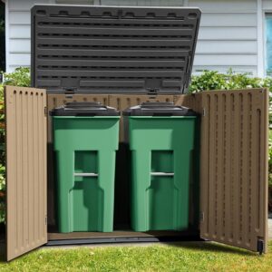 yitahome extra large outdoor horizontal storage shed, 4.5x4ft resin tool sheds w/o shelf, easy to assemble waterproof storage for trash cans, garden tools, lawn mower, lockable, brown