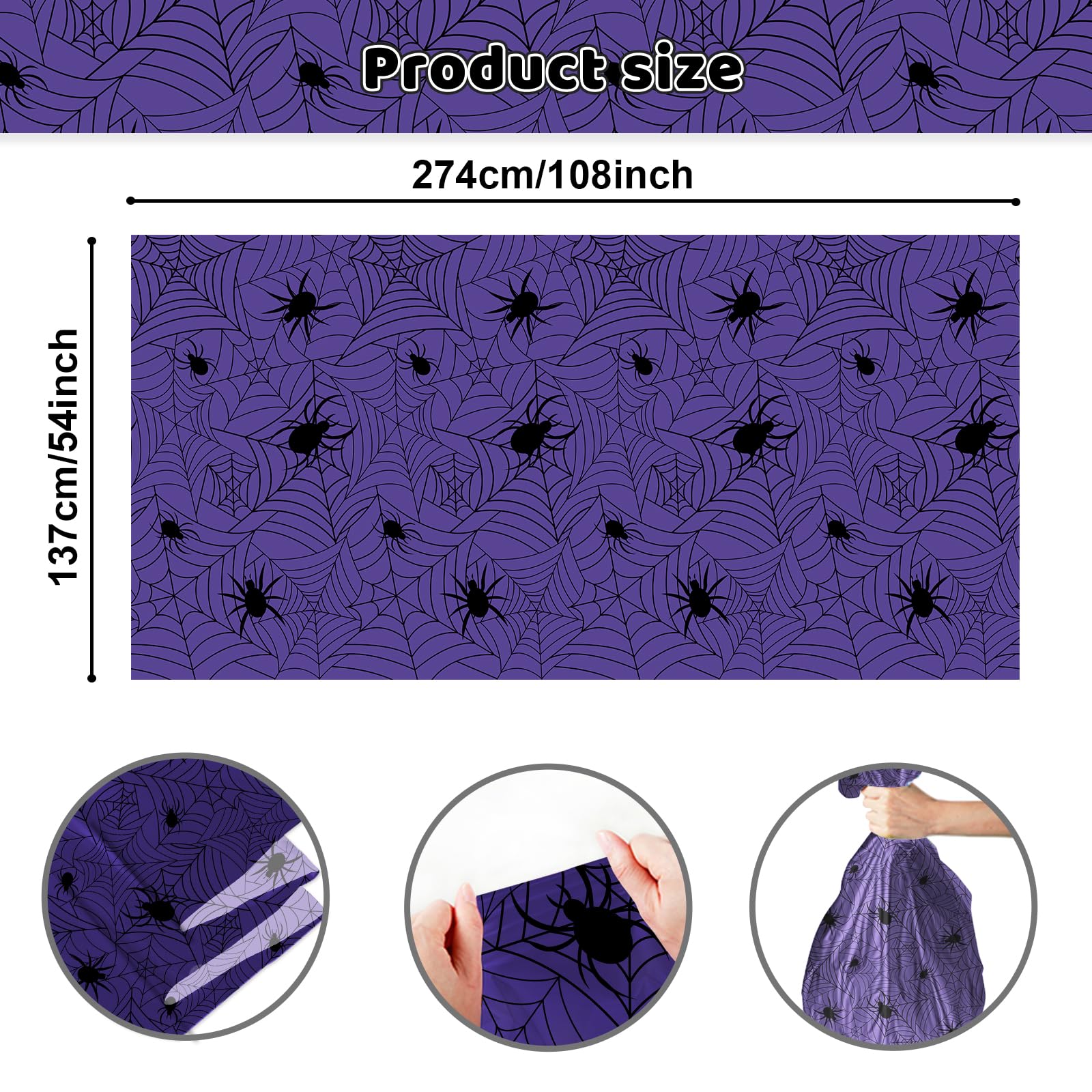 Mocsicka 3Pcs Halloween Tablecloth Disposable Spider Wed for Halloween Party Decorations Halloween Party Plastic Table Cloth Supplies for Birthday Baby Shower Cake Table Decor (Purple, 108x54 Inch)