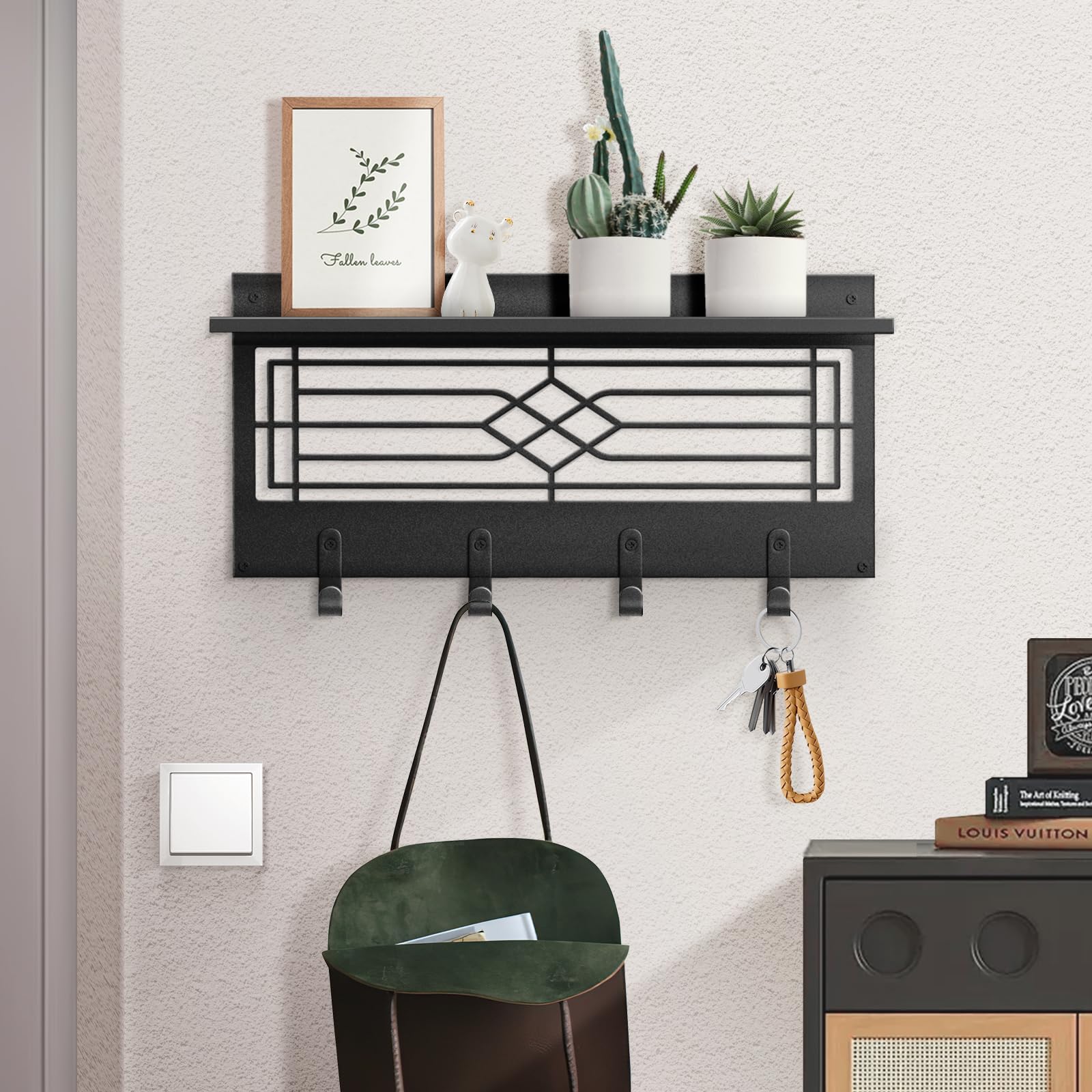 Sokurdeg Black Wall Shelf with Hooks, Coat Rack Wall Mount with Shelf, Wall Key Holder with Shelf, for Entryway Bathroom Bedroom Living Room (16.5”W x 7.8”H x 4”D)