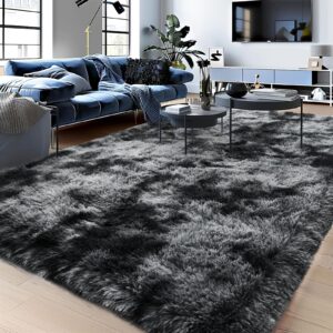 fluffy rug for living room,furry carpet for teen,shaggy rug for nursery room, tie-dyed black grey fuzzy plush rug for dorm, rectangle shag rug 6x9 feet