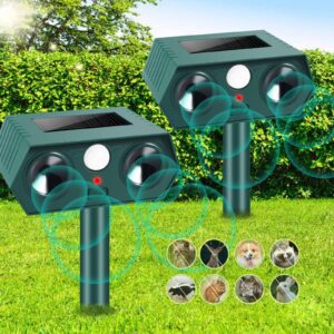 2 pcs solar ultrasonic animal repellent outdoor 2024 cat deterrent raccoon repeller with motion sensor for cat deer rabbit skunk dog squirrel, waterproof deer repellent devices dog repellent for yard