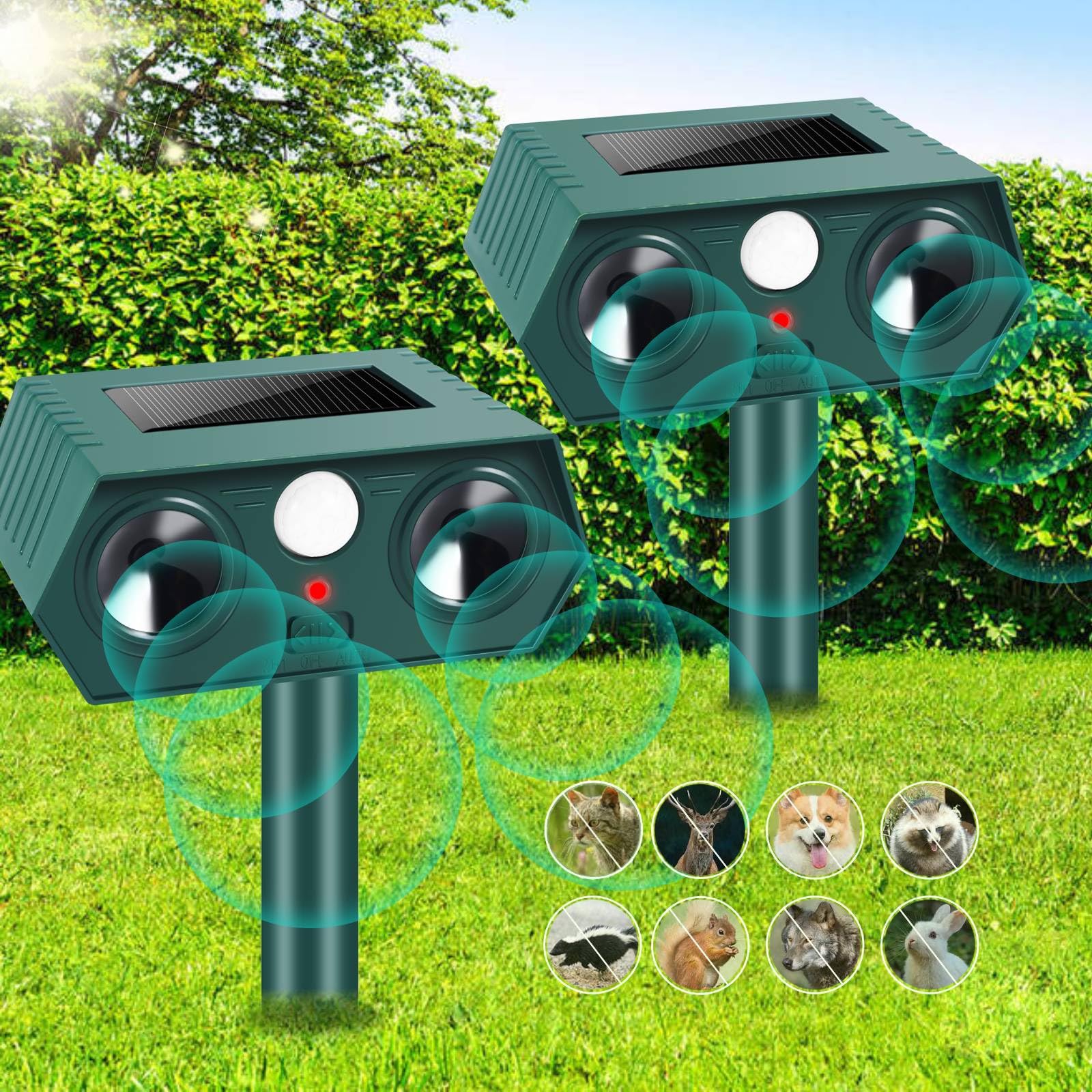 2 Pcs Solar Ultrasonic Animal Repellent Outdoor 2024 Cat Deterrent Raccoon Repeller with Motion Sensor for Cat Deer Rabbit Skunk Dog Squirrel, Waterproof Deer Repellent Devices Dog Repellent for Yard