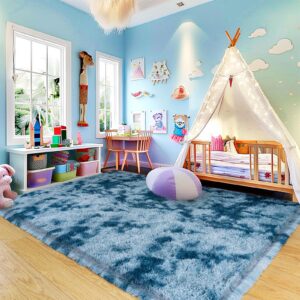 Tie-Dyed Blue Shaggy Rugs Fluffy Carpets, Indoor Modern Plush Area Rugs for Living Room, Upgrade Anti-Skid Area Rug, Rectangular 4x6 Feet Fuzzy Rug for Nursery Home Decor