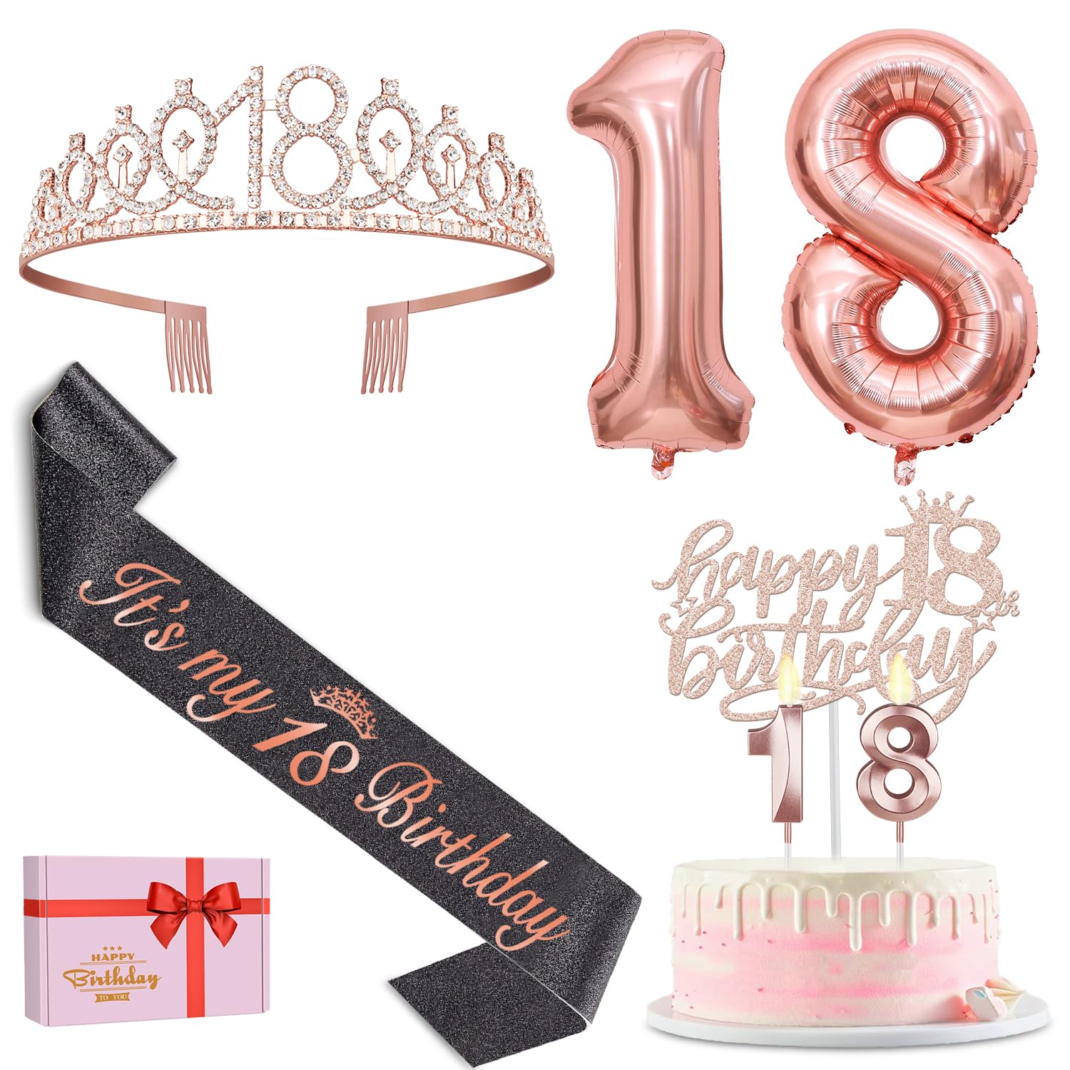 18th Birthday Decorations for Girls, Including 18th Birthday Sash and Tiara, Cake Topper and 18 Candles, 18th Birthday Balloons, 18th Birthday Gifts for Girls, 18th Birthday Party Decorations