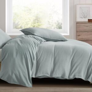 Chezmoi Collection Breeze 3-Piece Cotton Gauze King Duvet Cover Set, Light Blue-Gray Soft Washed Cotton Linen Like Textured Breathable Comforter Cover with Button Closure