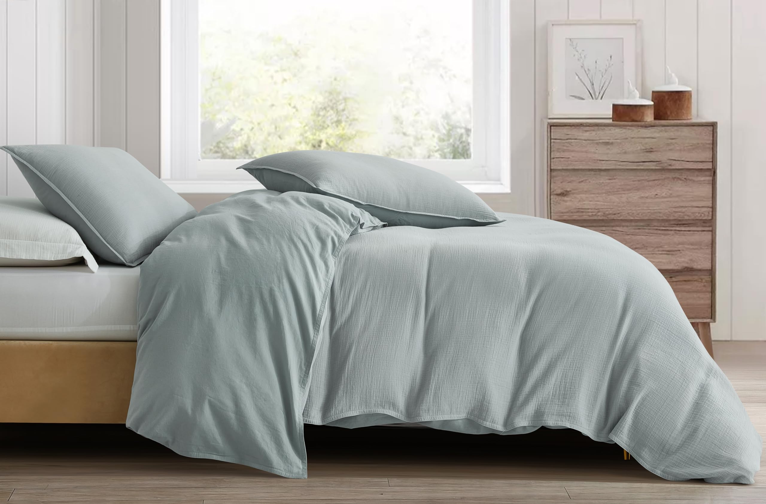 Chezmoi Collection Breeze 3-Piece Cotton Gauze King Duvet Cover Set, Light Blue-Gray Soft Washed Cotton Linen Like Textured Breathable Comforter Cover with Button Closure