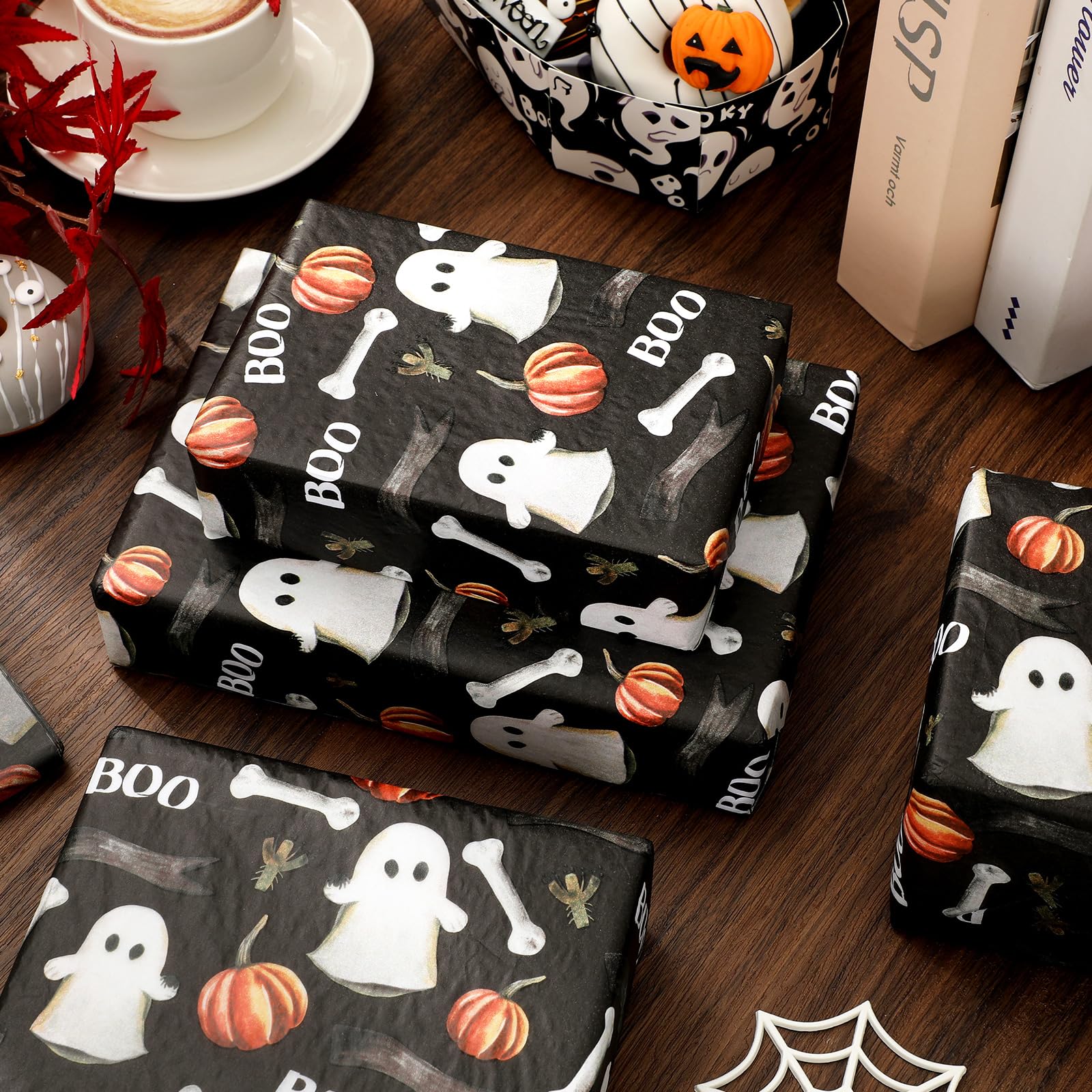 JarThenaAMCS 100 Sheet Halloween Tissue Paper Ghost Pumpkin Boo Wrapping Paper Cute Spooky Art Tissue for Birthday Trick or Treat DIY Crafts, 14 x 20 Inch