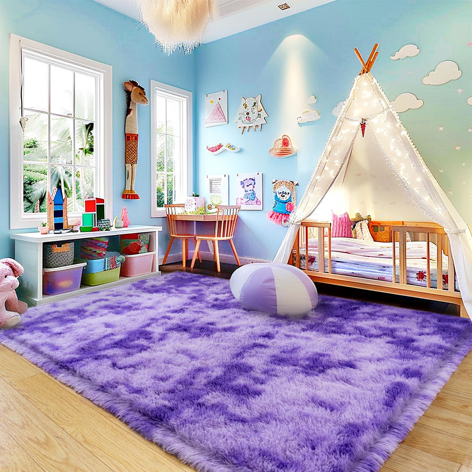 Ultra Soft Rug for Living Room, 6X9 Ft Tie-Dyed Purple Fluffy Shag Area Rug for Bedroom, Modern Shaggy Carpets Fuzzy Rug for Teens Dorm, Upgrade Anti-Skid Durable Fuzzy Plush Rug