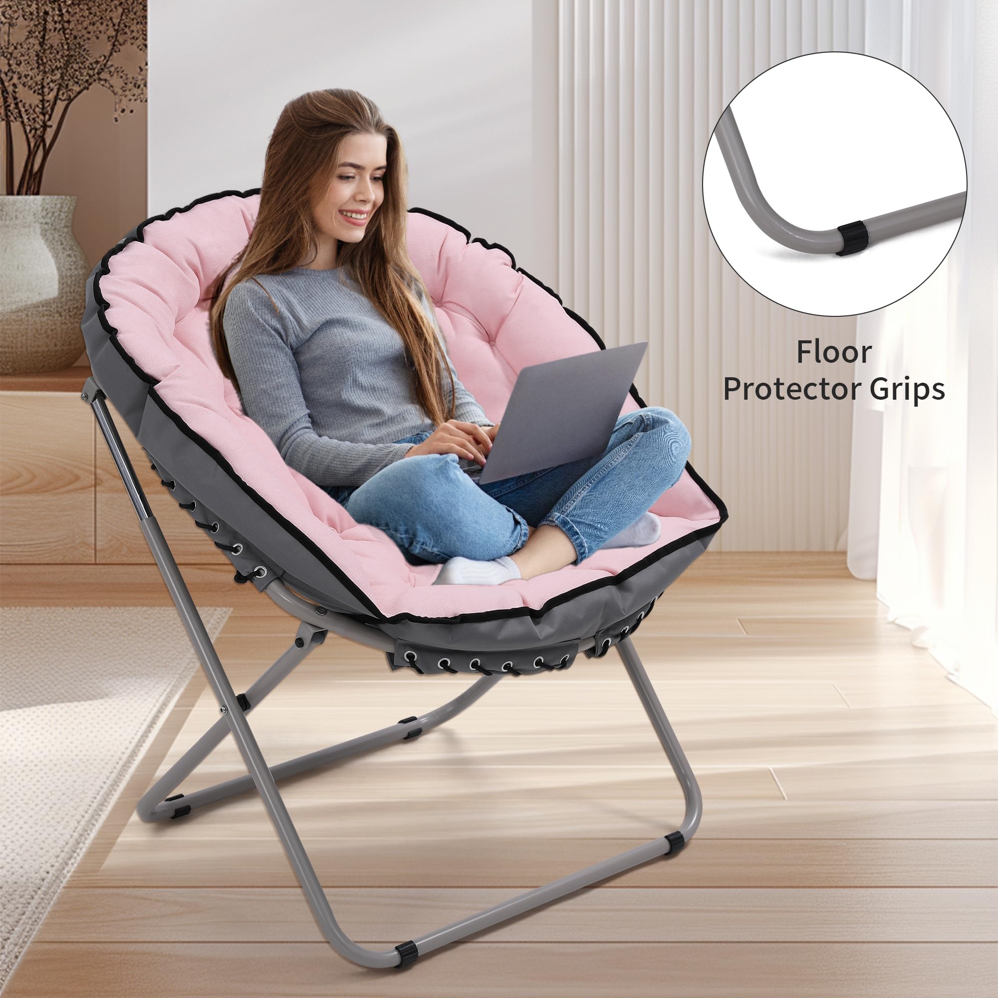 KROFEM Folding Saucer Chair for Living Room, Cozy Round Dish Circle Chair, Ideal for Bedroom, Small Spaces, Lounge, Dorm, Reading, Pink