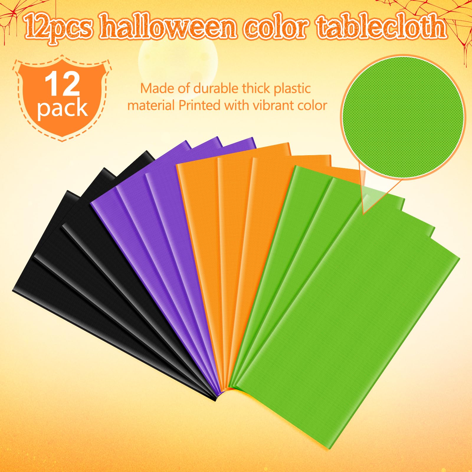 MASHAN 12Pcs Round Halloween Tablecloth Plastic Orange Black Purple Green Table Cloths Disposable Round Table Covers for Halloween Witch Vampire Party Decorations, 84inch