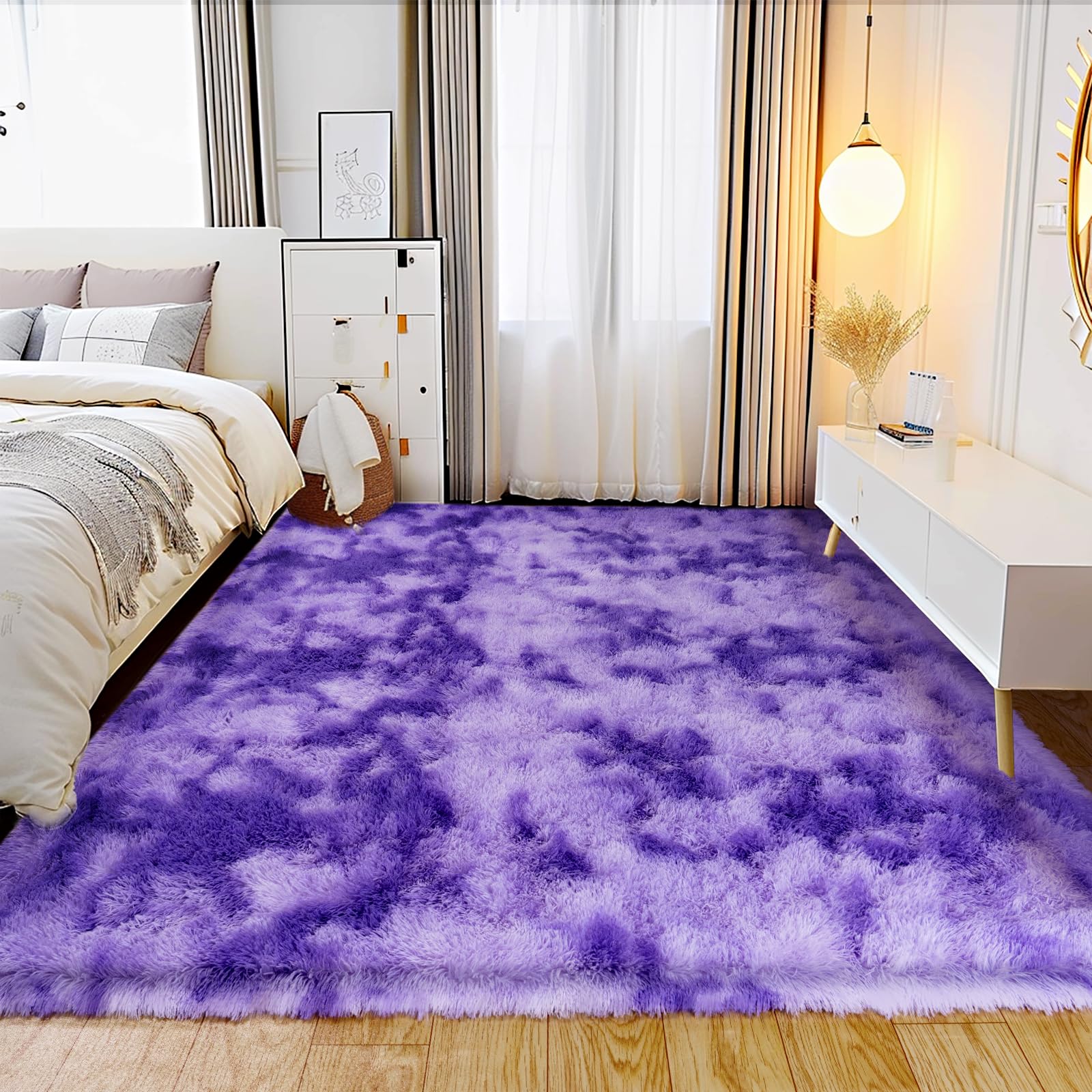 Ultra Soft Rug for Living Room, 6X9 Ft Tie-Dyed Purple Fluffy Shag Area Rug for Bedroom, Modern Shaggy Carpets Fuzzy Rug for Teens Dorm, Upgrade Anti-Skid Durable Fuzzy Plush Rug